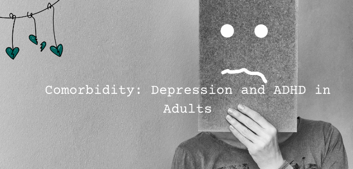 Depressed person hiding face behind sad smiley. Title is ADHD and depression in adults